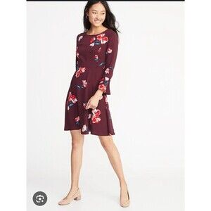 Old Navy Floral Fluted Bell Sleeve Dress Womens XL Burgundy A-Line Casual NWT